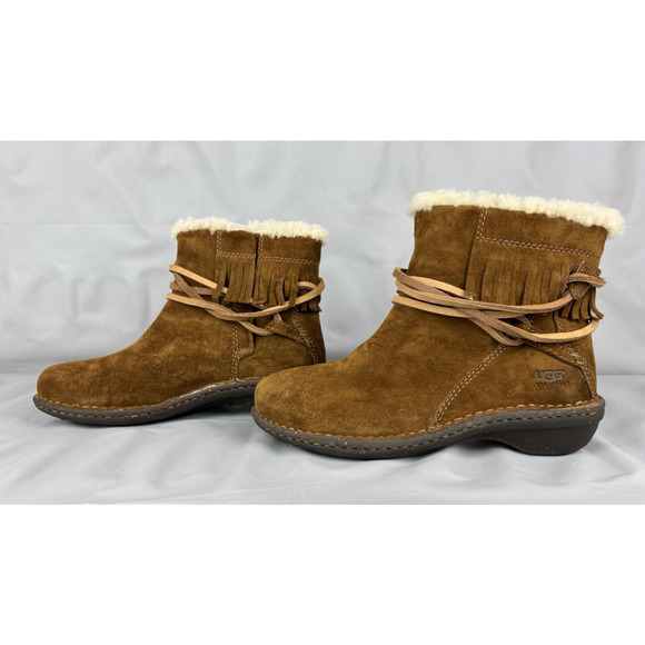 UGG Gaviota Ankle Boots Womens Size 6 EUR 37 Tan Suede Leather Sheepskin Fringe - Picture 2 of 16